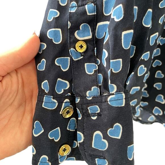 C. Wonder Button-Down Silk Blouse | XS | Navy Blue Heart Print - Picture 5 of 5